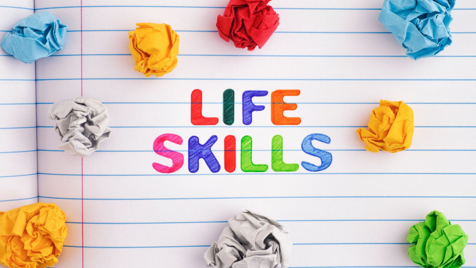 The word life skills with colorful balls of paper
