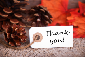 thank you card with fall leaves and pine cones