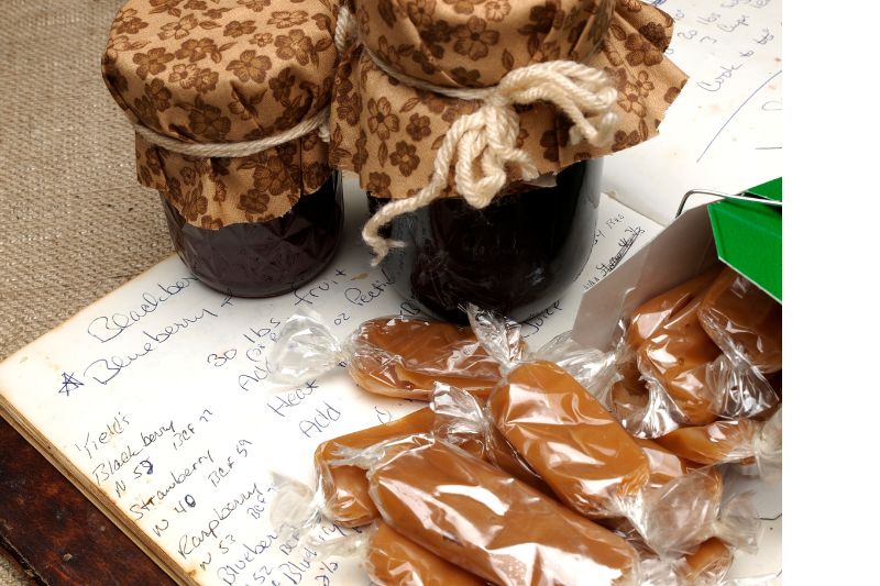 jam jars and homemade caramels with old family recipe book