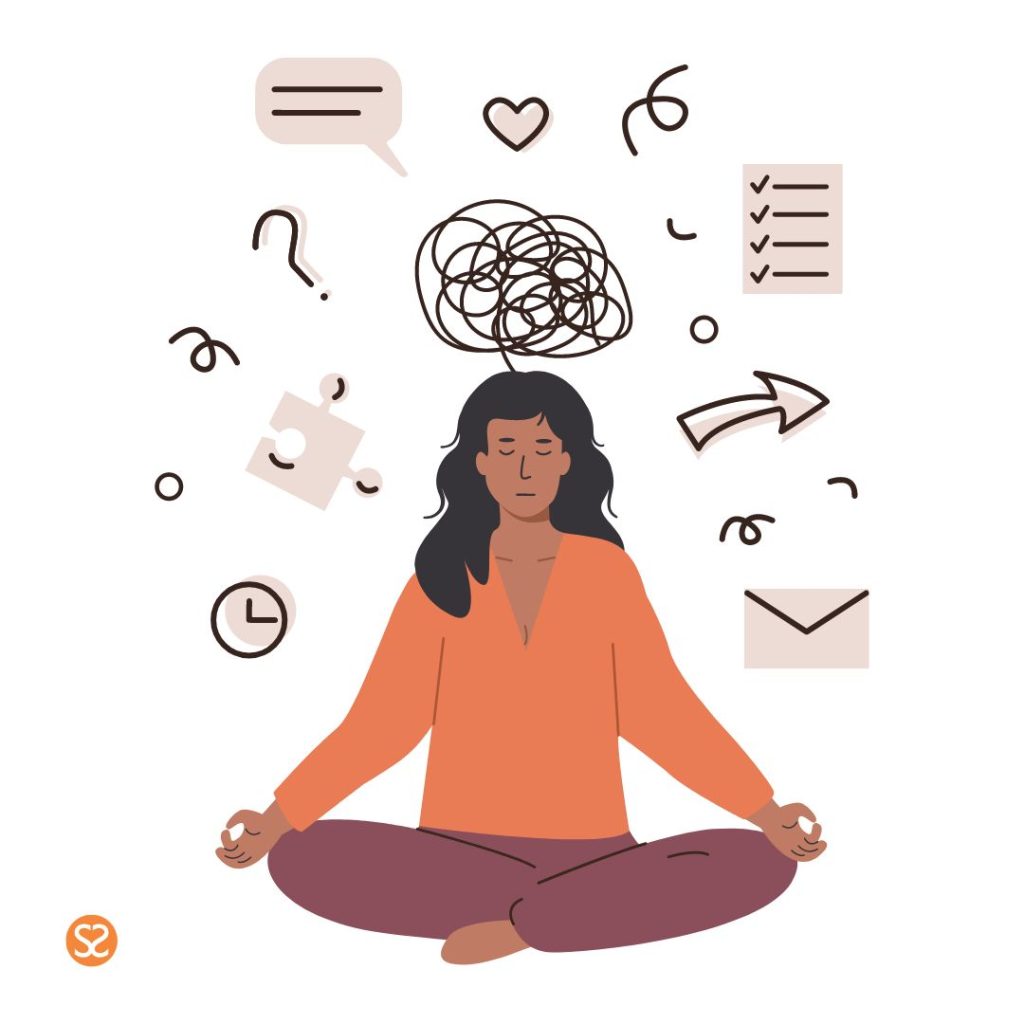 Woman meditating with logo